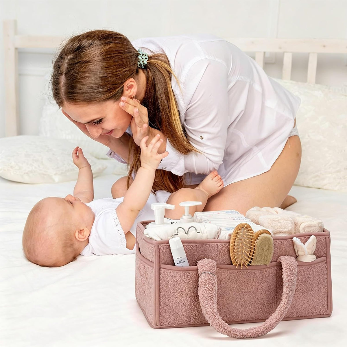 Baby Diaper Caddy Organizer with Handle, Large Nursery Storage Basket for Newborn Essentials, Wipes, Diapers, Lotions and Baby Items, Portable Diaper Storage Basket with Removable Dividers