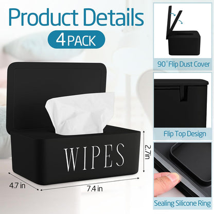4 Pack Baby Wipes Dispenser Refillable Wipe Holder with Lid Toilet Wipes Container for Bathroom Tissue Paper Storage Box for Home Office (White)