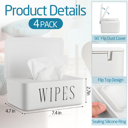 4 Pack Baby Wipes Dispenser Refillable Wipe Holder with Lid Toilet Wipes Container for Bathroom Tissue Paper Storage Box for Home Office (White)