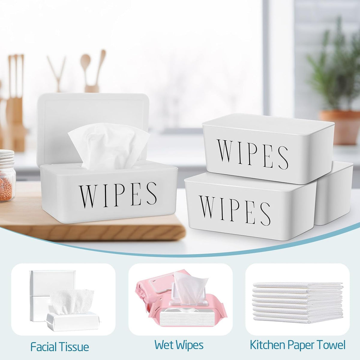 4 Pack Baby Wipes Dispenser Refillable Wipe Holder with Lid Toilet Wipes Container for Bathroom Tissue Paper Storage Box for Home Office (White)