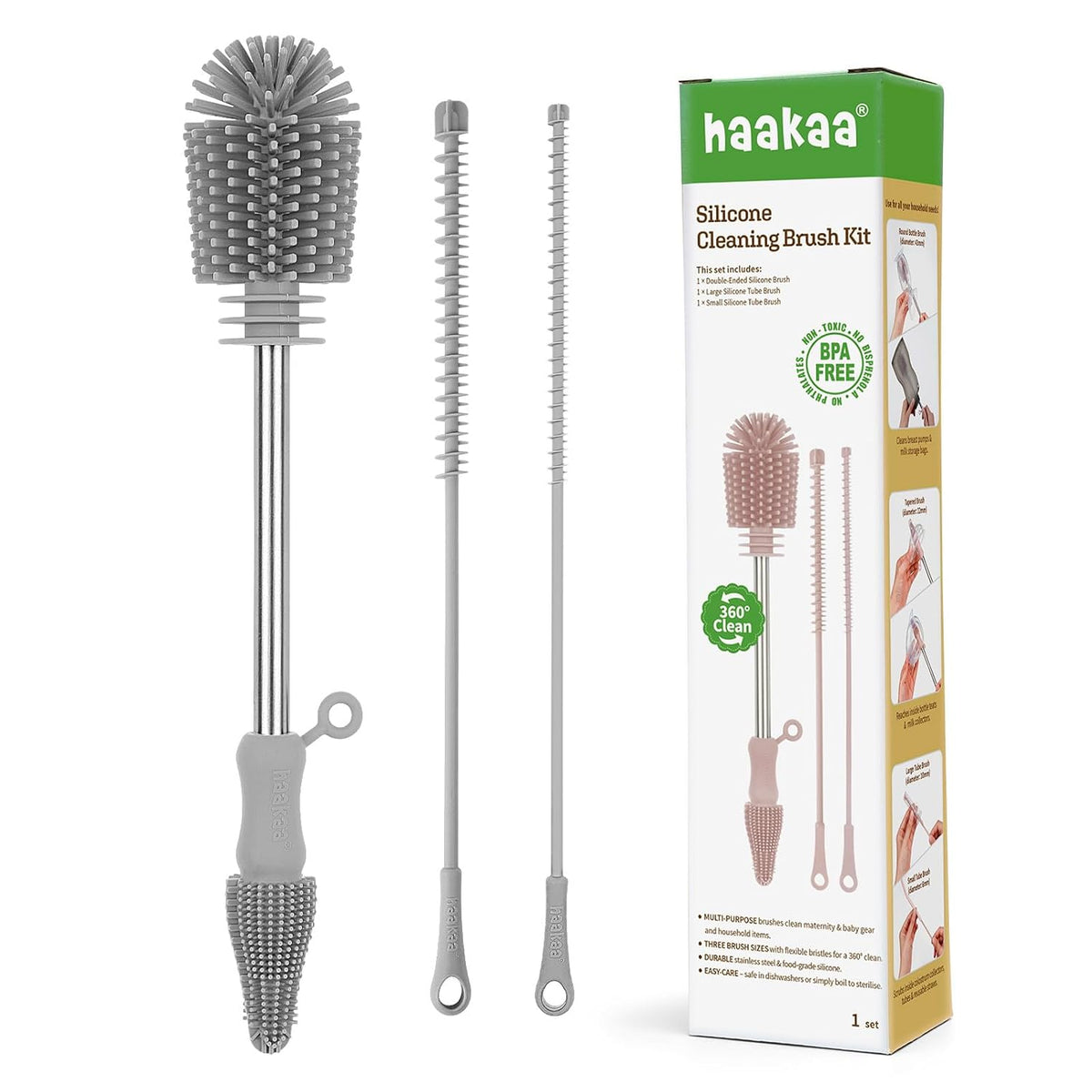 Silicone Bottle Brush for Baby Bottles & Crevices, SUVA Grey, 1PK