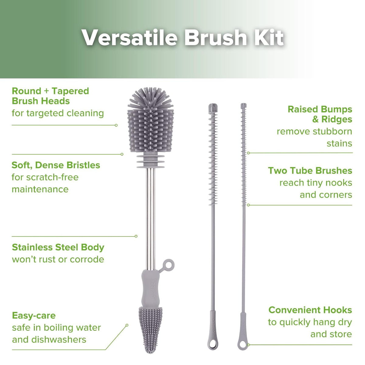 Silicone Bottle Brush for Baby Bottles & Crevices, SUVA Grey, 1PK