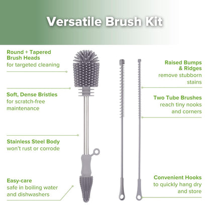 Silicone Bottle Brush for Baby Bottles & Crevices, SUVA Grey, 1PK