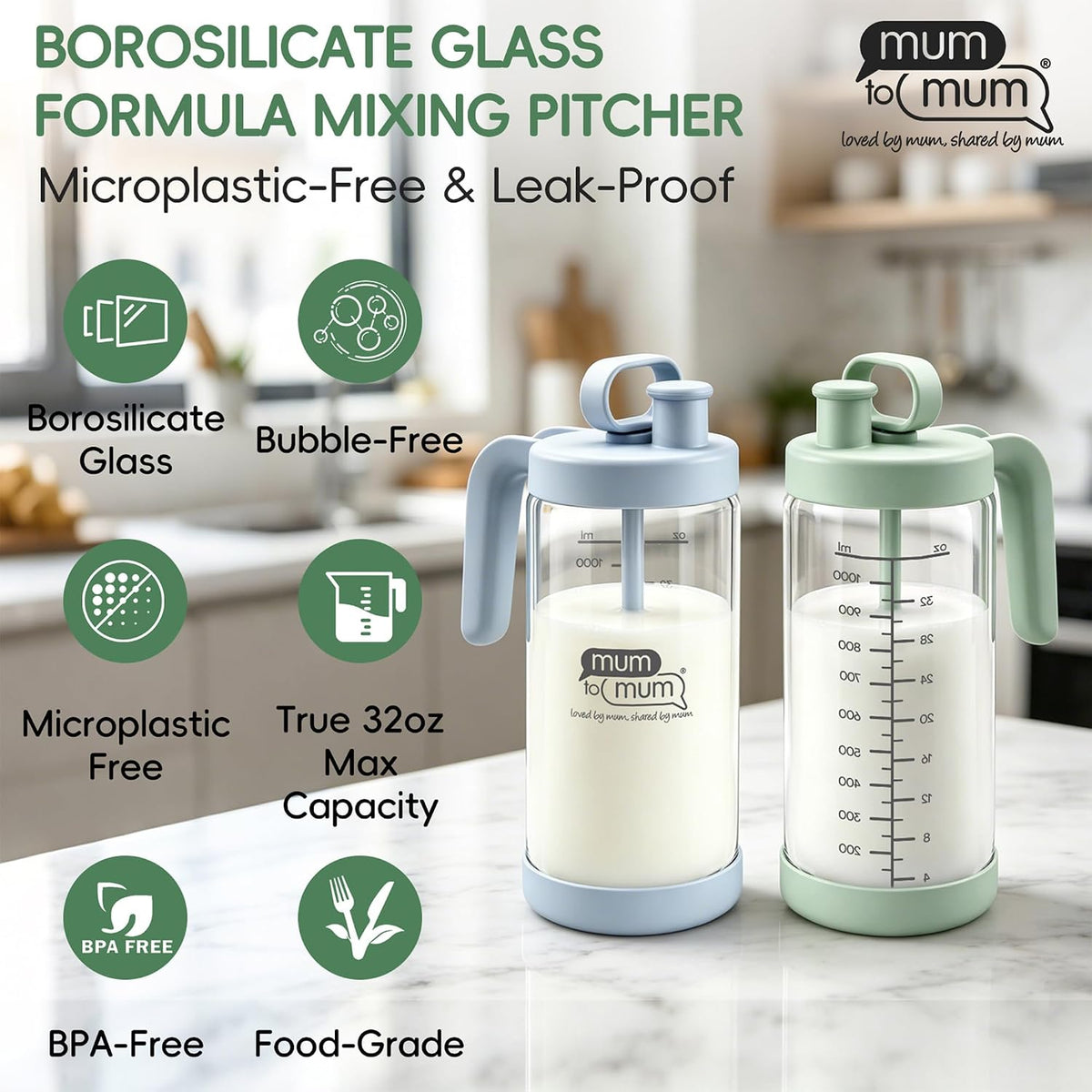 32oz Glass Formula Mixing Pitcher, Formula Pitcher Milk Pitcher, Premium Borosilicate Microplastic-Free Leak-Proof Design, Breastmilk Storage, Dishwasher Safe & Thermal Shock Resistant(Light blue)