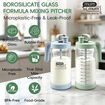 32oz Glass Formula Mixing Pitcher, Formula Pitcher Milk Pitcher, Premium Borosilicate Microplastic-Free Leak-Proof Design, Breastmilk Storage, Dishwasher Safe & Thermal Shock Resistant(Light blue)