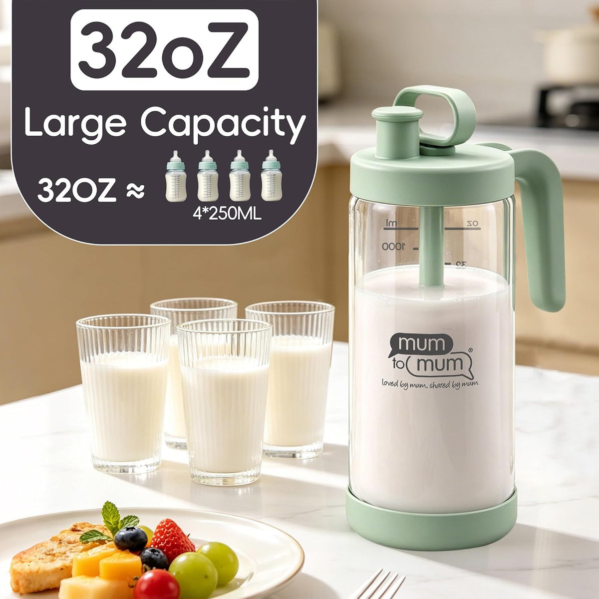 32oz Glass Formula Mixing Pitcher, Formula Pitcher Milk Pitcher, Premium Borosilicate Microplastic-Free Leak-Proof Design, Breastmilk Storage, Dishwasher Safe & Thermal Shock Resistant(Light blue)