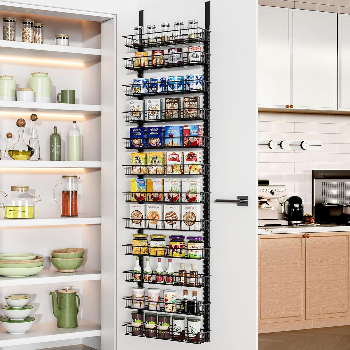 9 Tier Over Door Pantry Organizer, 2-in-1 Adjustable Spice Rack