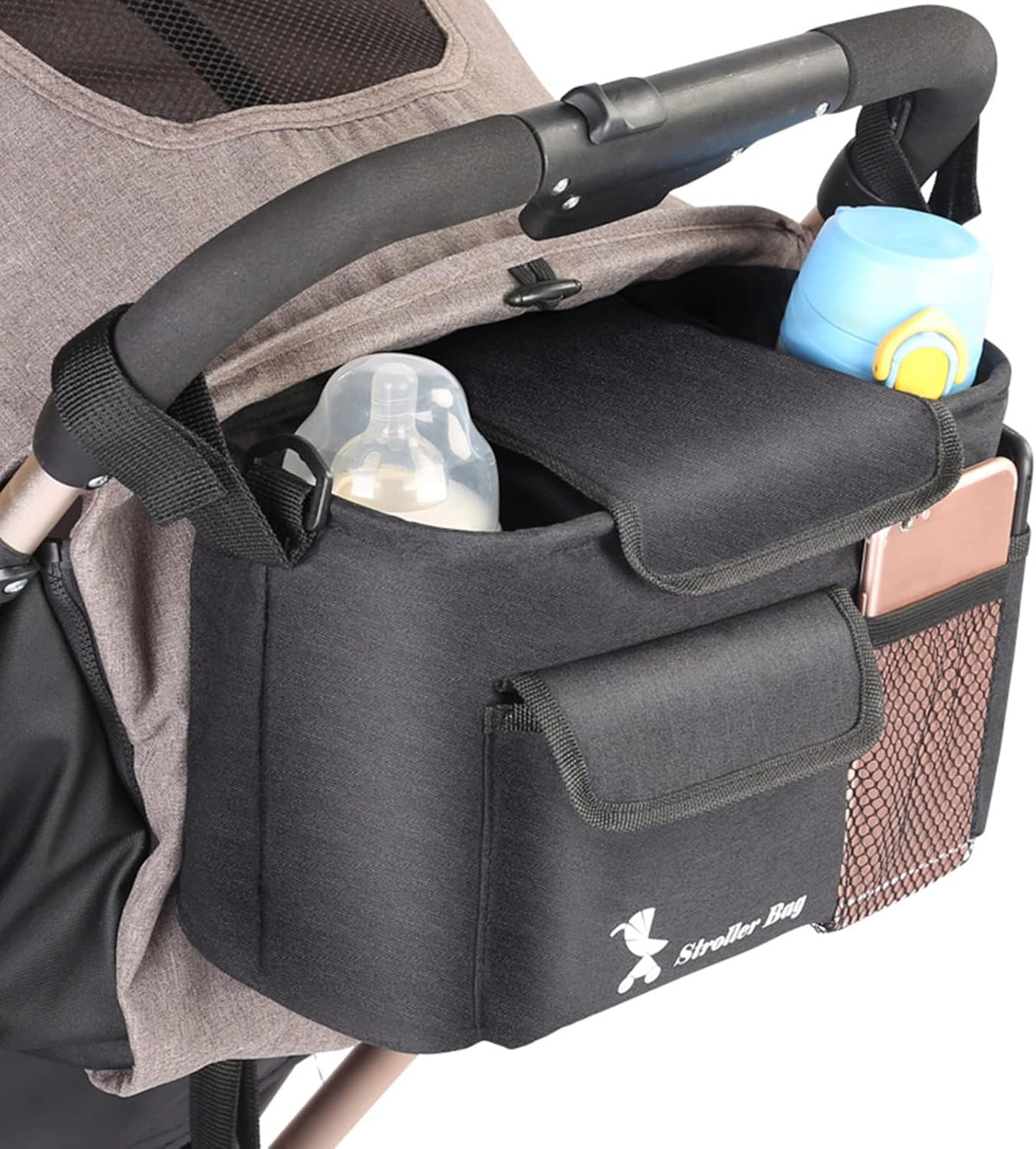 Brrnoo Stroller Organizer, Stroller Cup Holder with Detachable Shoulder Strap Cup Holder Accessory Organizer Bag Bag for Diaper Feeding Phone Toys