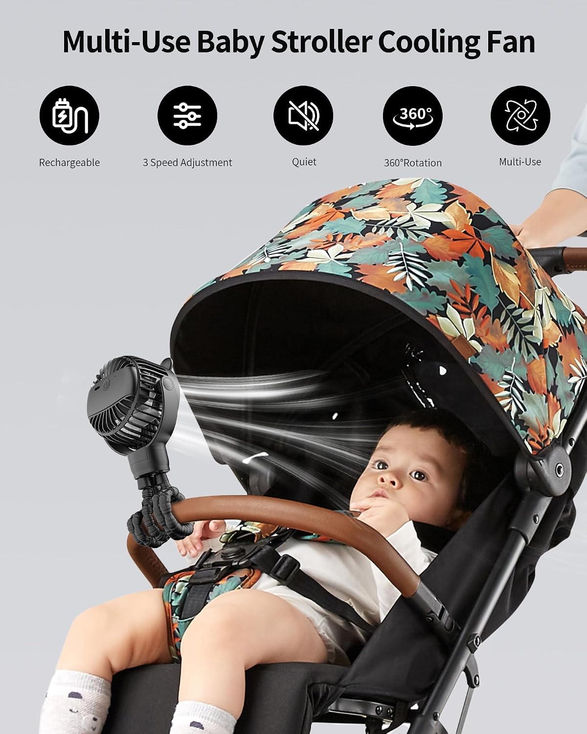 Baby Stroller Fan, Rechargeable Portable Fan with 2000 mAh Battery Operated,3 Wind Speed,360-Degree Rotation,Ultra-Low Noise Level,Safe mini fan for your baby