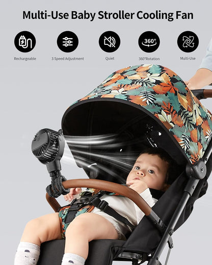 Baby Stroller Fan, Rechargeable Portable Fan with 2000 mAh Battery Operated,3 Wind Speed,360-Degree Rotation,Ultra-Low Noise Level,Safe mini fan for your baby