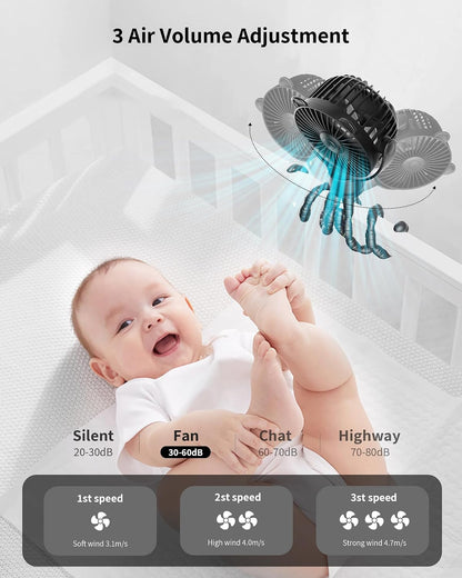 Baby Stroller Fan, Rechargeable Portable Fan with 2000 mAh Battery Operated,3 Wind Speed,360-Degree Rotation,Ultra-Low Noise Level,Safe mini fan for your baby