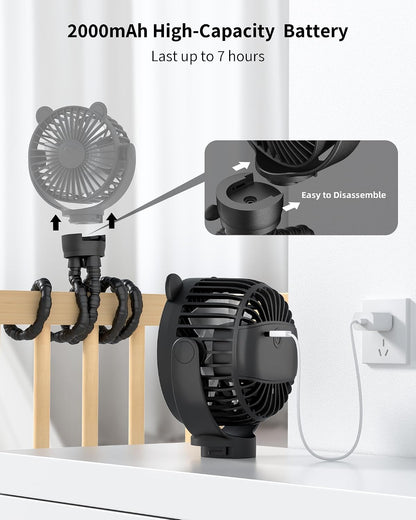 Baby Stroller Fan, Rechargeable Portable Fan with 2000 mAh Battery Operated,3 Wind Speed,360-Degree Rotation,Ultra-Low Noise Level,Safe mini fan for your baby