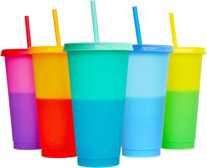 Color Changing Cups, 5 Pack 24oz Plastic Tumblers, Reusable Iced Coffee & Smoothie Cups with Lids and Straws for Parties and Travel (5 Changing, 5 Packs)