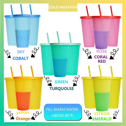 Color Changing Cups, 5 Pack 24oz Plastic Tumblers, Reusable Iced Coffee & Smoothie Cups with Lids and Straws for Parties and Travel (5 Changing, 5 Packs)