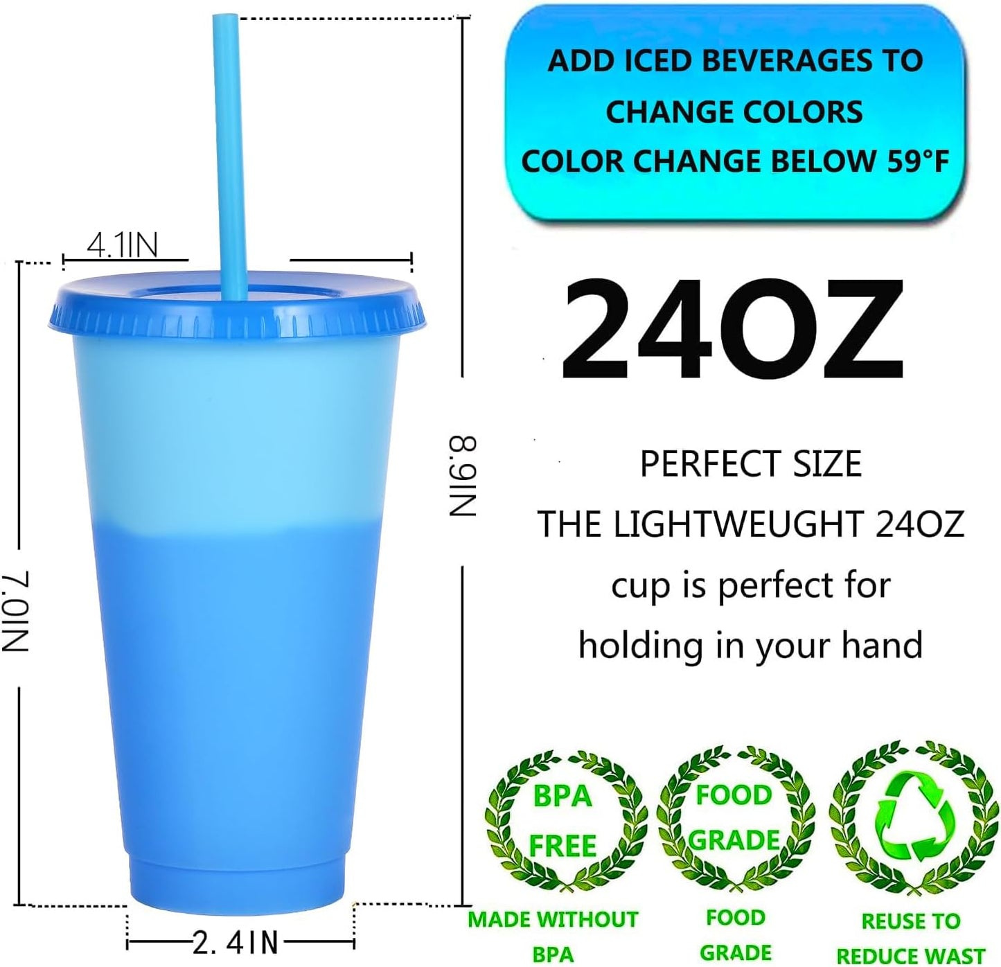 Color Changing Cups, 5 Pack 24oz Plastic Tumblers, Reusable Iced Coffee & Smoothie Cups with Lids and Straws for Parties and Travel (5 Changing, 5 Packs)