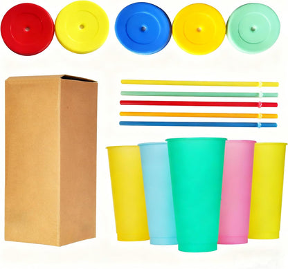 Color Changing Cups, 5 Pack 24oz Plastic Tumblers, Reusable Iced Coffee & Smoothie Cups with Lids and Straws for Parties and Travel (5 Changing, 5 Packs)