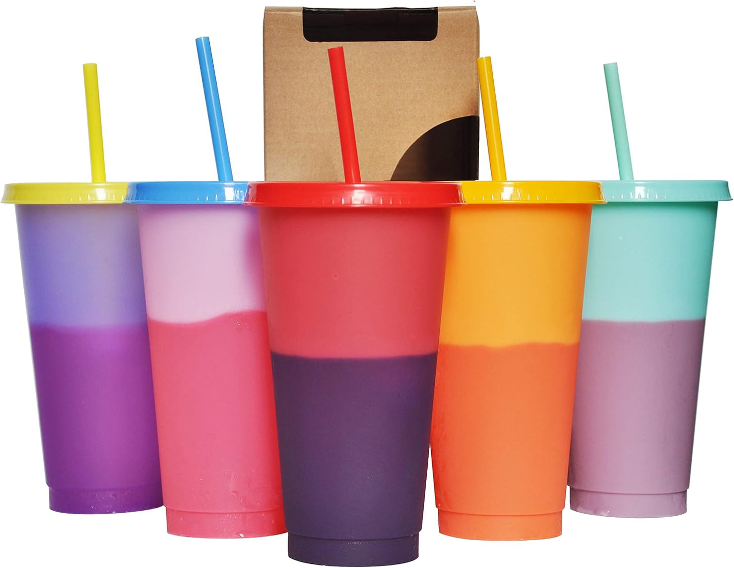 Color Changing Cups, 5 Pack 24oz Plastic Tumblers, Reusable Iced Coffee & Smoothie Cups with Lids and Straws for Parties and Travel (5 Changing, 5 Packs)