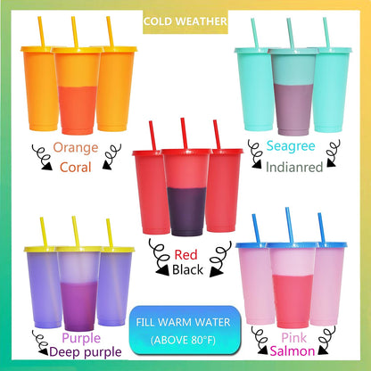 Color Changing Cups, 5 Pack 24oz Plastic Tumblers, Reusable Iced Coffee & Smoothie Cups with Lids and Straws for Parties and Travel (5 Changing, 5 Packs)