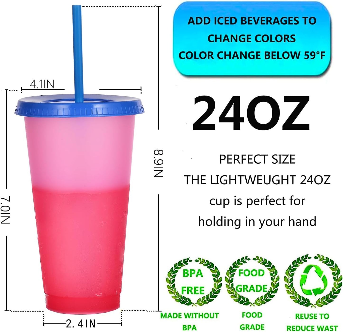 Color Changing Cups, 5 Pack 24oz Plastic Tumblers, Reusable Iced Coffee & Smoothie Cups with Lids and Straws for Parties and Travel (5 Changing, 5 Packs)