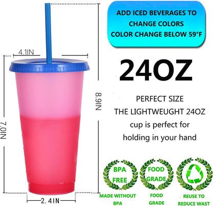 Color Changing Cups, 5 Pack 24oz Plastic Tumblers, Reusable Iced Coffee & Smoothie Cups with Lids and Straws for Parties and Travel (5 Changing, 5 Packs)