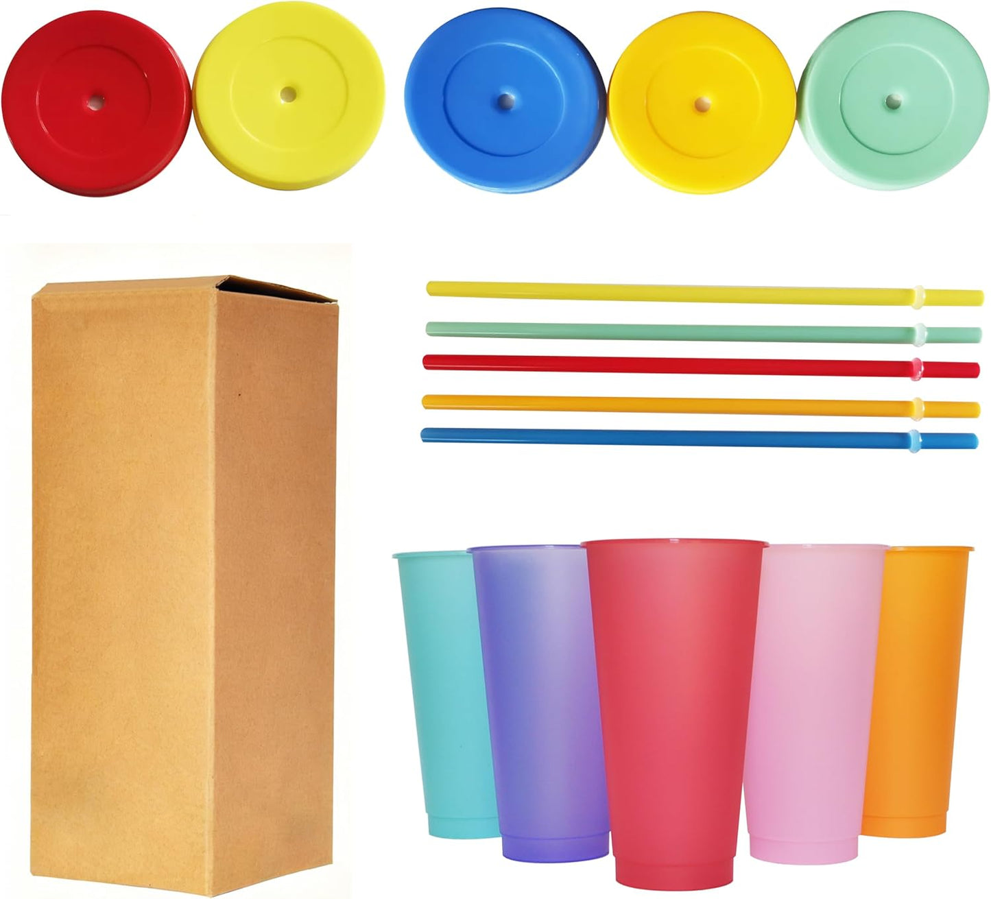 Color Changing Cups, 5 Pack 24oz Plastic Tumblers, Reusable Iced Coffee & Smoothie Cups with Lids and Straws for Parties and Travel (5 Changing, 5 Packs)