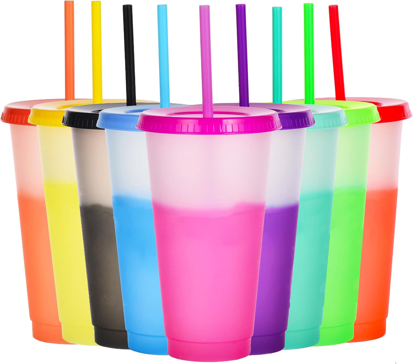 Color Changing Cups, 5 Pack 24oz Plastic Tumblers, Reusable Iced Coffee & Smoothie Cups with Lids and Straws for Parties and Travel (5 Changing, 5 Packs)