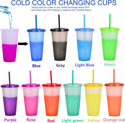 Color Changing Cups, 5 Pack 24oz Plastic Tumblers, Reusable Iced Coffee & Smoothie Cups with Lids and Straws for Parties and Travel (5 Changing, 5 Packs)