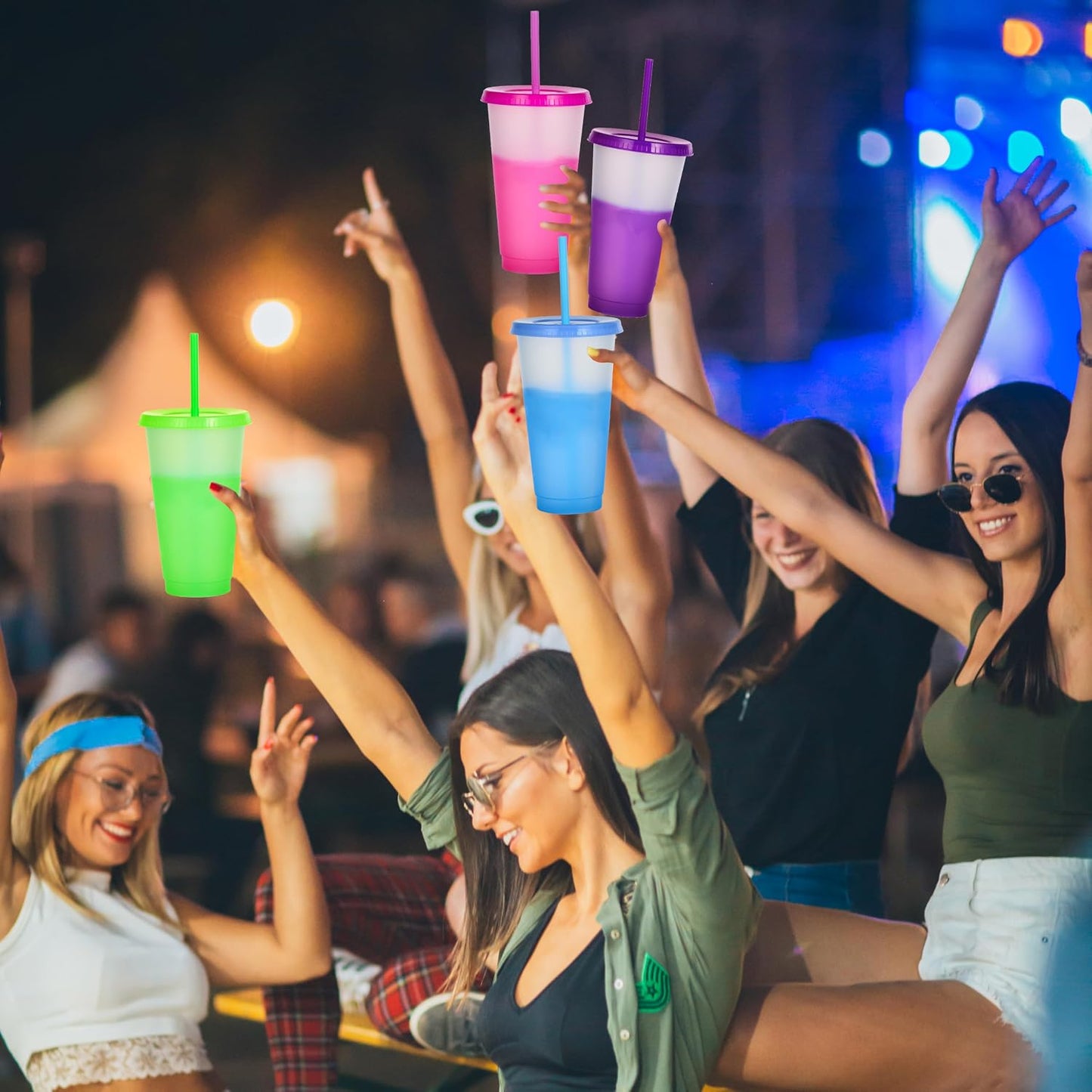 Color Changing Cups, 5 Pack 24oz Plastic Tumblers, Reusable Iced Coffee & Smoothie Cups with Lids and Straws for Parties and Travel (5 Changing, 5 Packs)