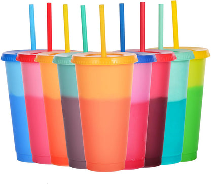 Color Changing Cups, 5 Pack 24oz Plastic Tumblers, Reusable Iced Coffee & Smoothie Cups with Lids and Straws for Parties and Travel (5 Changing, 5 Packs)