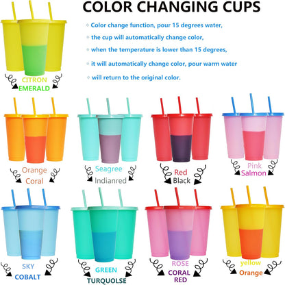 Color Changing Cups, 5 Pack 24oz Plastic Tumblers, Reusable Iced Coffee & Smoothie Cups with Lids and Straws for Parties and Travel (5 Changing, 5 Packs)