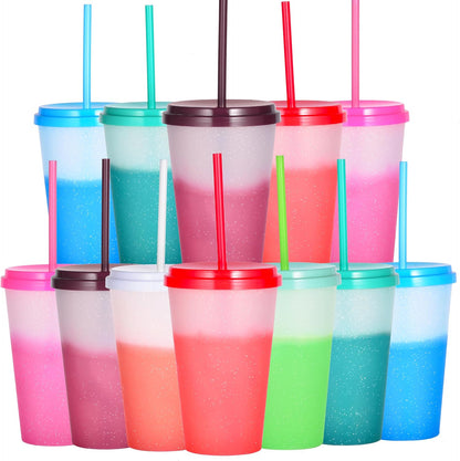 Color Changing Cups, 5 Pack 24oz Plastic Tumblers, Reusable Iced Coffee & Smoothie Cups with Lids and Straws for Parties and Travel (5 Changing, 5 Packs)