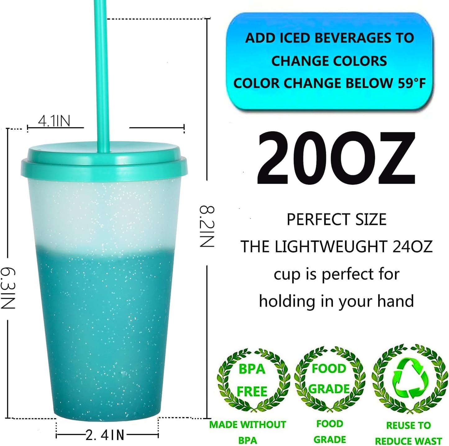Color Changing Cups, 5 Pack 24oz Plastic Tumblers, Reusable Iced Coffee & Smoothie Cups with Lids and Straws for Parties and Travel (5 Changing, 5 Packs)