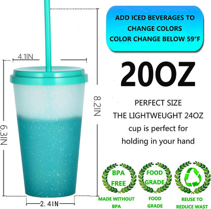 Color Changing Cups, 5 Pack 24oz Plastic Tumblers, Reusable Iced Coffee & Smoothie Cups with Lids and Straws for Parties and Travel (5 Changing, 5 Packs)