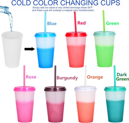 Color Changing Cups, 5 Pack 24oz Plastic Tumblers, Reusable Iced Coffee & Smoothie Cups with Lids and Straws for Parties and Travel (5 Changing, 5 Packs)