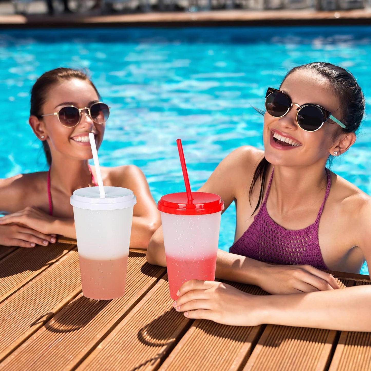 Color Changing Cups, 5 Pack 24oz Plastic Tumblers, Reusable Iced Coffee & Smoothie Cups with Lids and Straws for Parties and Travel (5 Changing, 5 Packs)