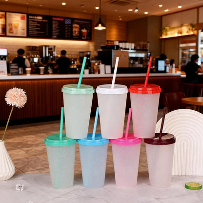 Color Changing Cups, 5 Pack 24oz Plastic Tumblers, Reusable Iced Coffee & Smoothie Cups with Lids and Straws for Parties and Travel (5 Changing, 5 Packs)