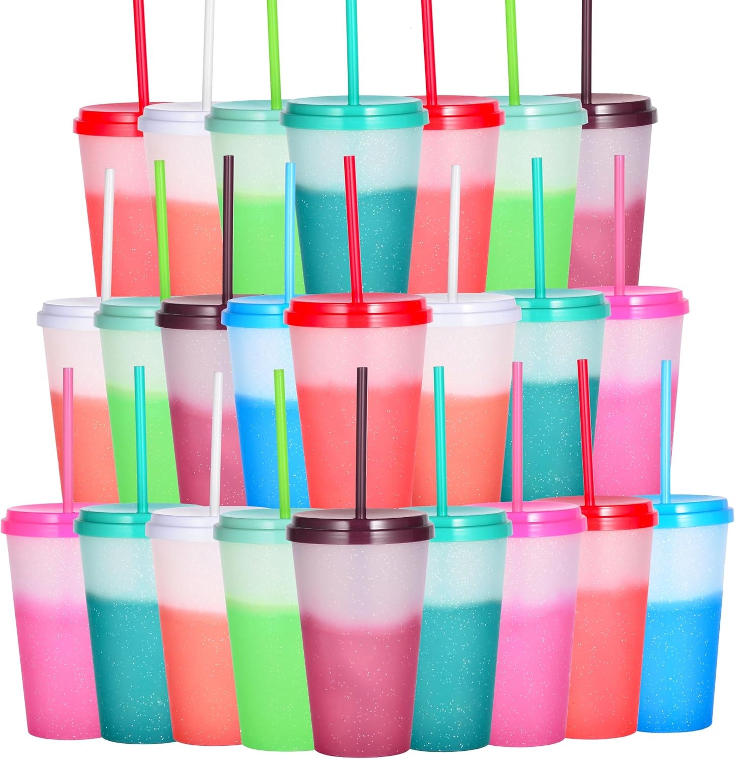 Color Changing Cups, 5 Pack 24oz Plastic Tumblers, Reusable Iced Coffee & Smoothie Cups with Lids and Straws for Parties and Travel (5 Changing, 5 Packs)