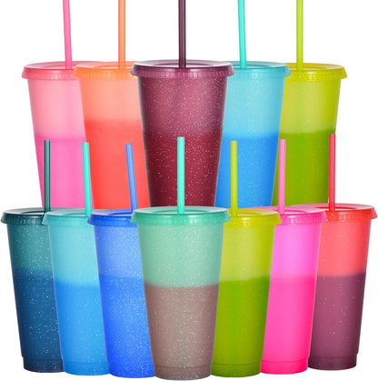 Color Changing Cups, 5 Pack 24oz Plastic Tumblers, Reusable Iced Coffee & Smoothie Cups with Lids and Straws for Parties and Travel (5 Changing, 5 Packs)