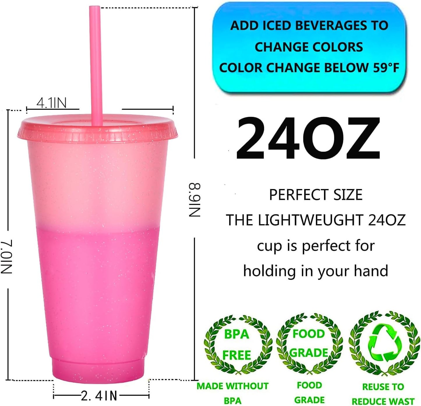 Color Changing Cups, 5 Pack 24oz Plastic Tumblers, Reusable Iced Coffee & Smoothie Cups with Lids and Straws for Parties and Travel (5 Changing, 5 Packs)