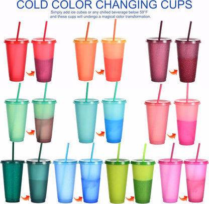 Color Changing Cups, 5 Pack 24oz Plastic Tumblers, Reusable Iced Coffee & Smoothie Cups with Lids and Straws for Parties and Travel (5 Changing, 5 Packs)