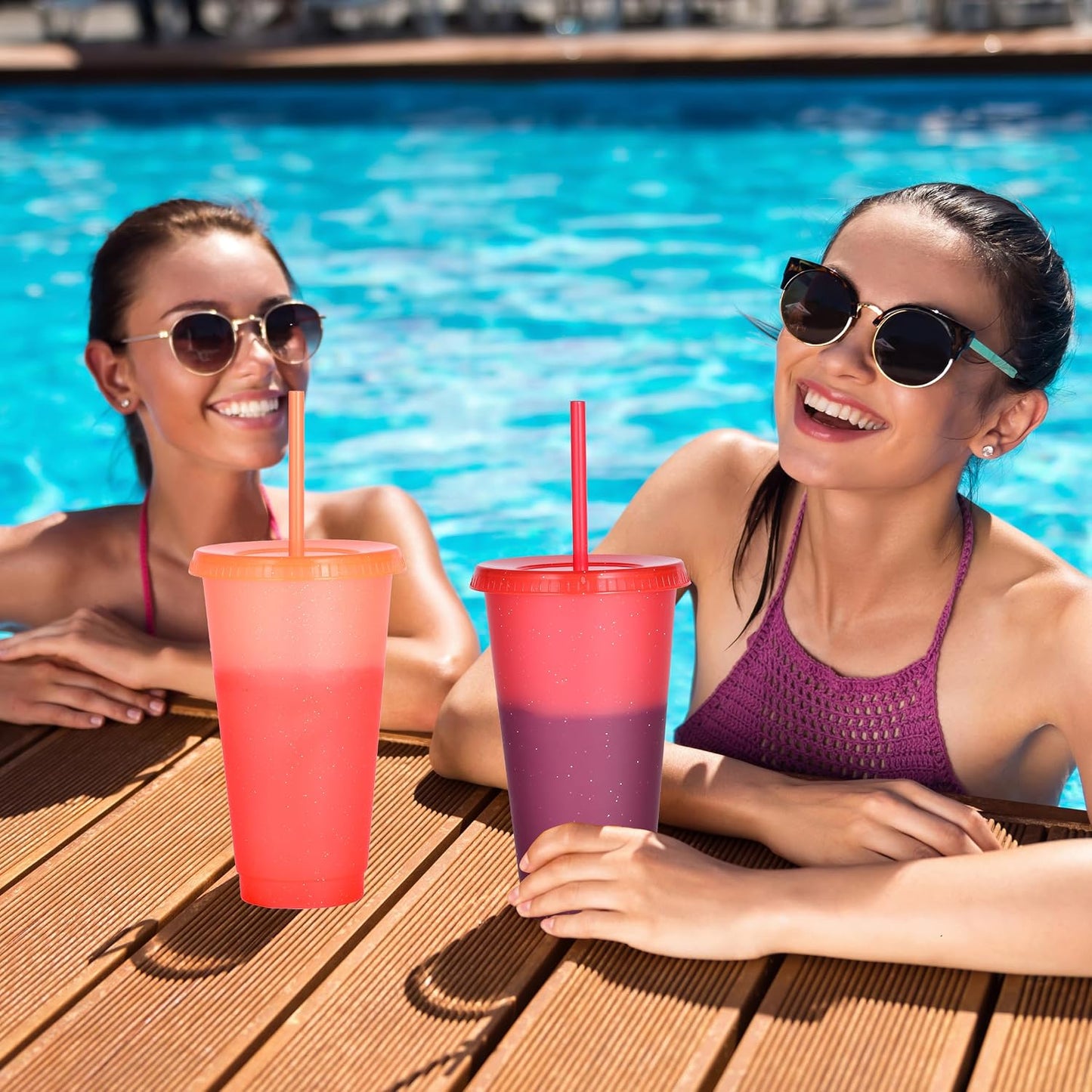 Color Changing Cups, 5 Pack 24oz Plastic Tumblers, Reusable Iced Coffee & Smoothie Cups with Lids and Straws for Parties and Travel (5 Changing, 5 Packs)