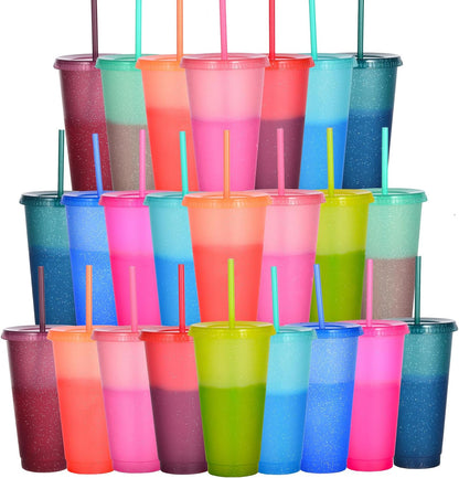 Color Changing Cups, 5 Pack 24oz Plastic Tumblers, Reusable Iced Coffee & Smoothie Cups with Lids and Straws for Parties and Travel (5 Changing, 5 Packs)