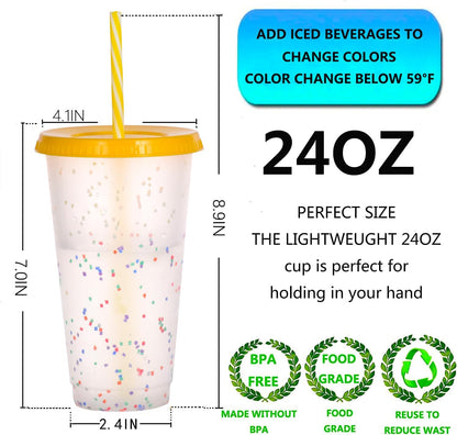 Color Changing Cups, 5 Pack 24oz Plastic Tumblers, Reusable Iced Coffee & Smoothie Cups with Lids and Straws for Parties and Travel (5 Changing, 5 Packs)