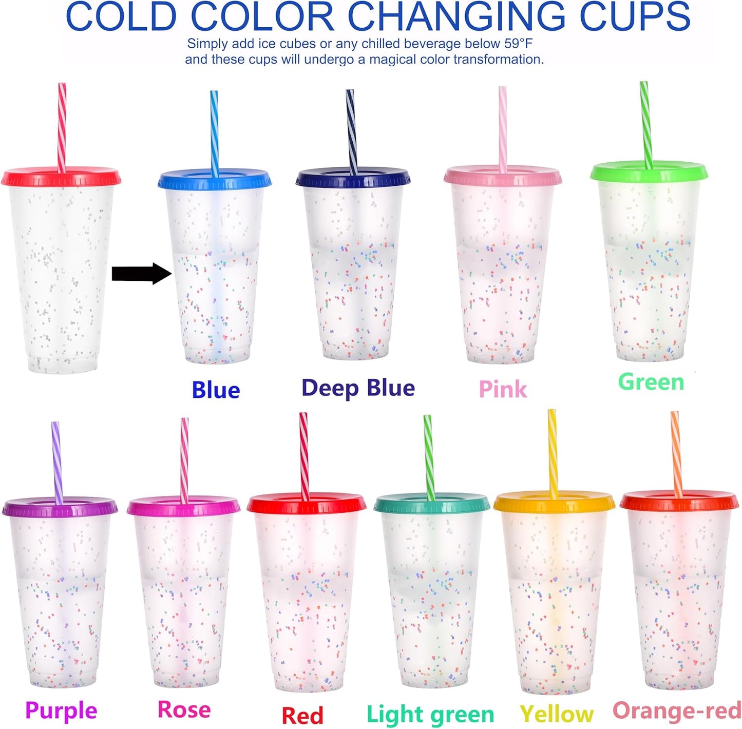 Color Changing Cups, 5 Pack 24oz Plastic Tumblers, Reusable Iced Coffee & Smoothie Cups with Lids and Straws for Parties and Travel (5 Changing, 5 Packs)