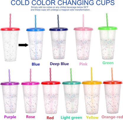 Color Changing Cups, 5 Pack 24oz Plastic Tumblers, Reusable Iced Coffee & Smoothie Cups with Lids and Straws for Parties and Travel (5 Changing, 5 Packs)