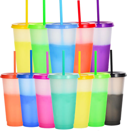 Color Changing Cups, 5 Pack 24oz Plastic Tumblers, Reusable Iced Coffee & Smoothie Cups with Lids and Straws for Parties and Travel (5 Changing, 5 Packs)