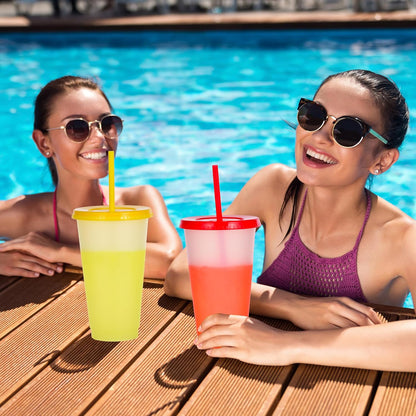 Color Changing Cups, 5 Pack 24oz Plastic Tumblers, Reusable Iced Coffee & Smoothie Cups with Lids and Straws for Parties and Travel (5 Changing, 5 Packs)