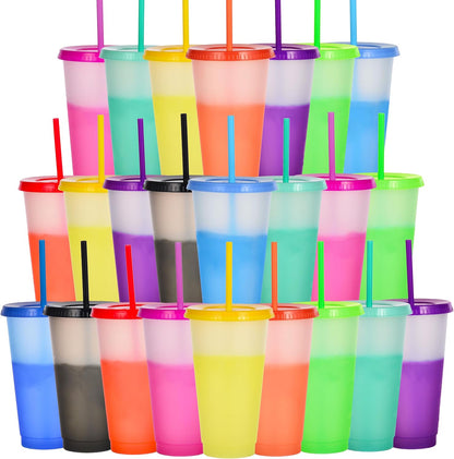 Color Changing Cups, 5 Pack 24oz Plastic Tumblers, Reusable Iced Coffee & Smoothie Cups with Lids and Straws for Parties and Travel (5 Changing, 5 Packs)