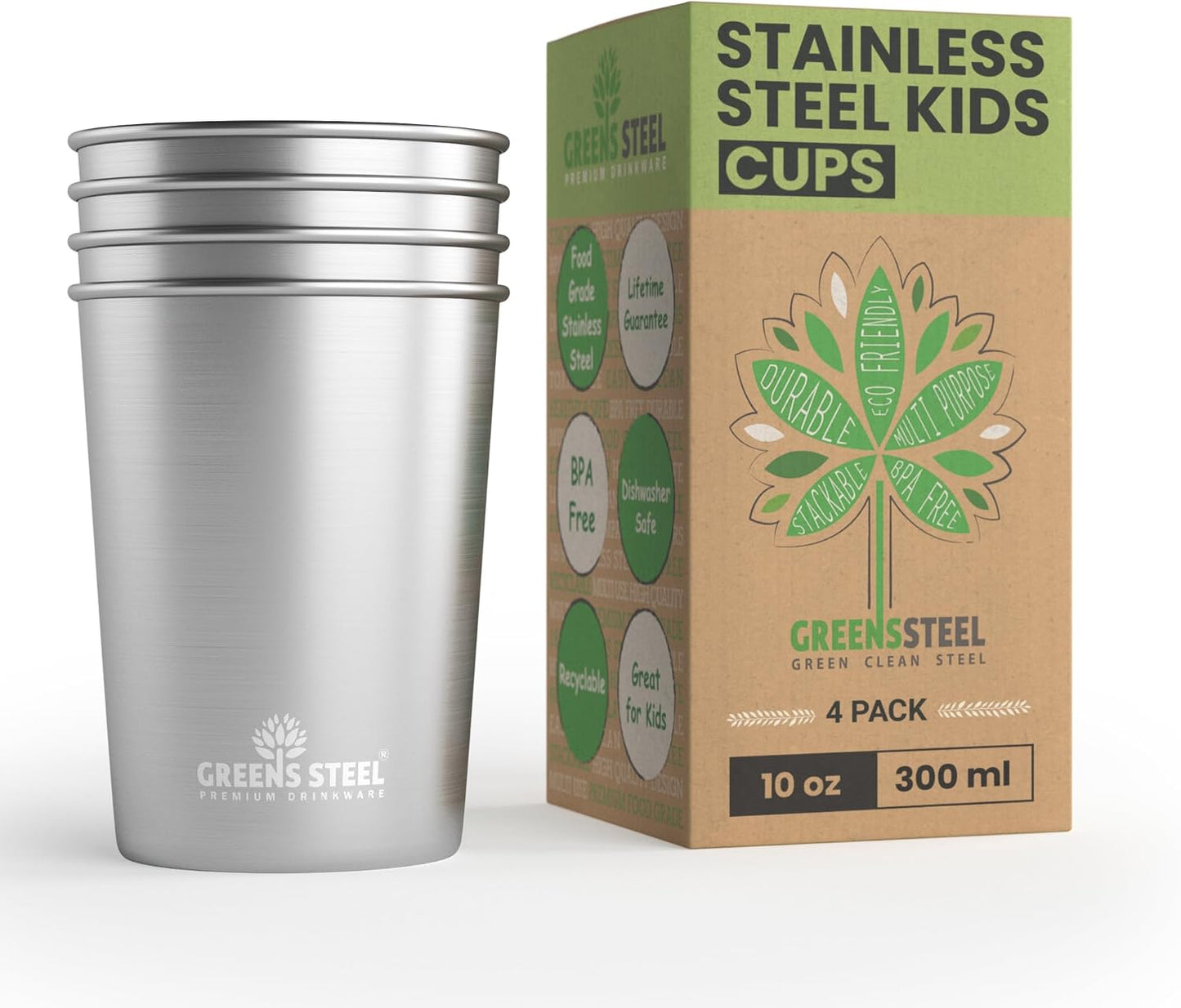 Stainless Steel Cups 10oz Tumbler (4 Pack) - Premium Metal Drinking Glasses | Stackable Durable Cup (10 oz)