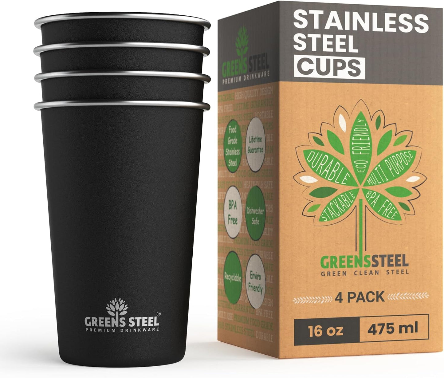 Stainless Steel Cups 10oz Tumbler (4 Pack) - Premium Metal Drinking Glasses | Stackable Durable Cup (10 oz)